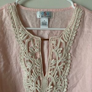 Linen pink blouse tunic with Embroidery small